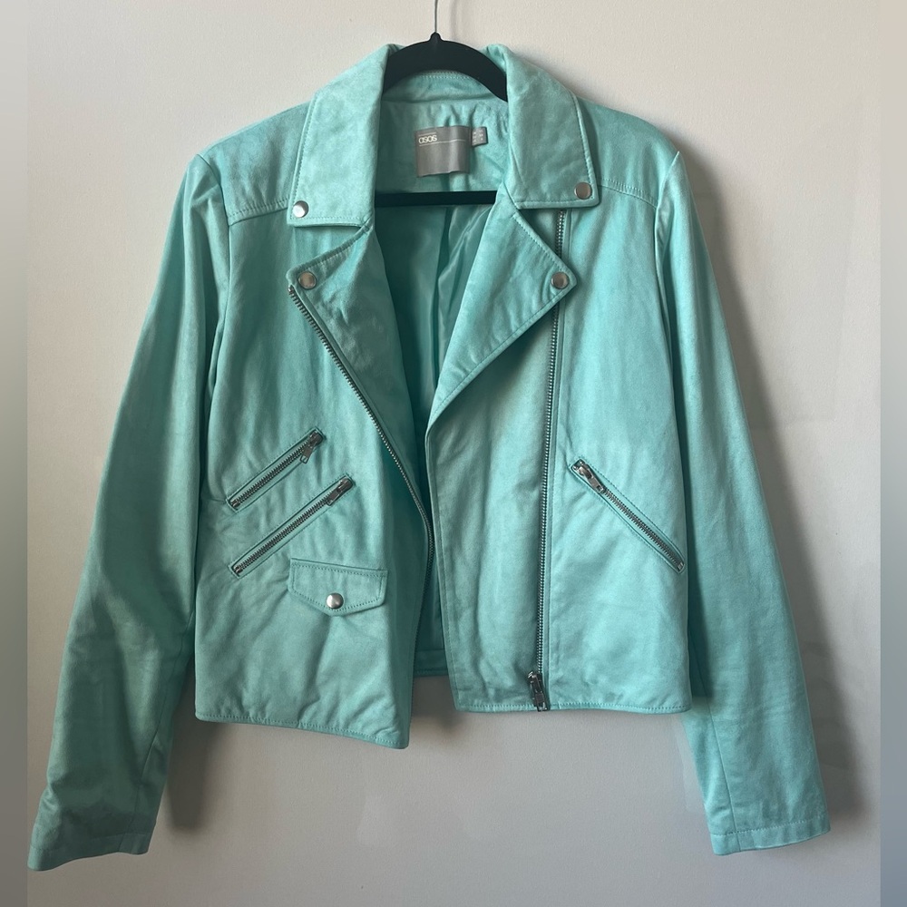 TALL Turquoise Suede Jacket with Zippers and Pockets